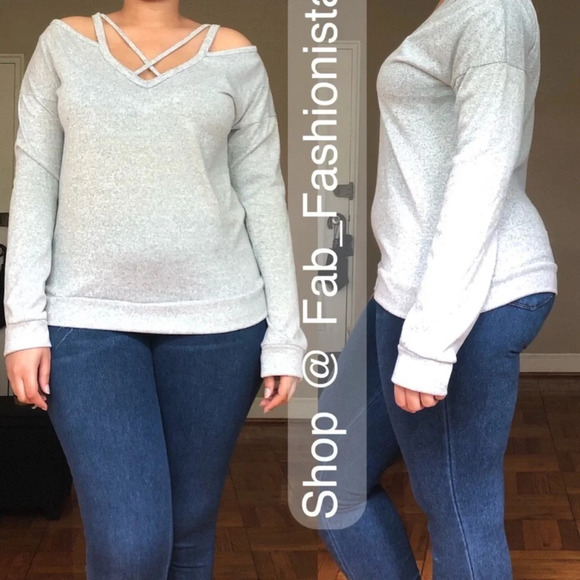 Open shoulder long sleeve sweater grey size large - Picture 3 of 14